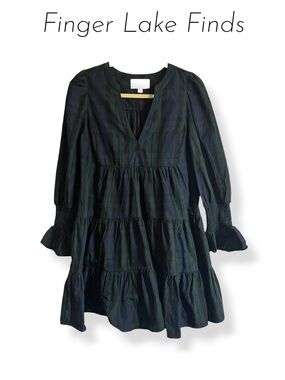 Pomander Place Navy/ Green Plaid Tiered Kenzo Mini Dress, M